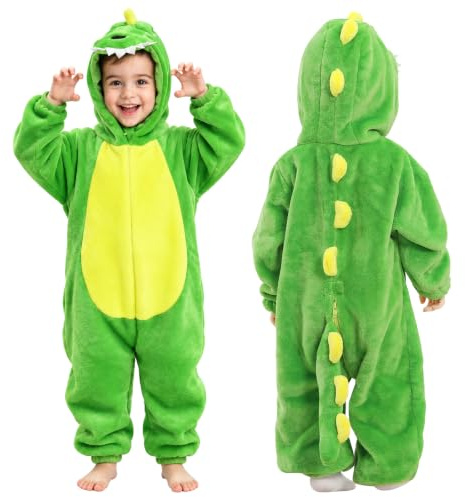 DiULi Dinosauriedräkt för pojkar och flickor, dinosauriedräkt med huva och svans, mjuk flanell, djurdräkt med dragkedja, onesie i ett stycke för karneval halloween