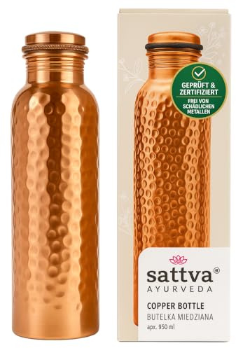 Sattva Ayurveda Kupfer Wasserflasche 950ml – Reines Kupfer – Ayurvedische Detox Trinkflasche – Premium Hammered Design – Handgefertigt, Auslaufsicher & Plastikfrei (Hammered, 950, Milliliter)