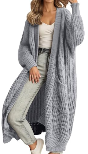 Angxiwan Cardigans for Women UK Chunky Cable Knit Cardigan Casual Open Front Jumpers Long Sleeve Jackets Longline Solid Color Clothes Hoodless Plus Size Coats Waterfall Sweater with Pockets