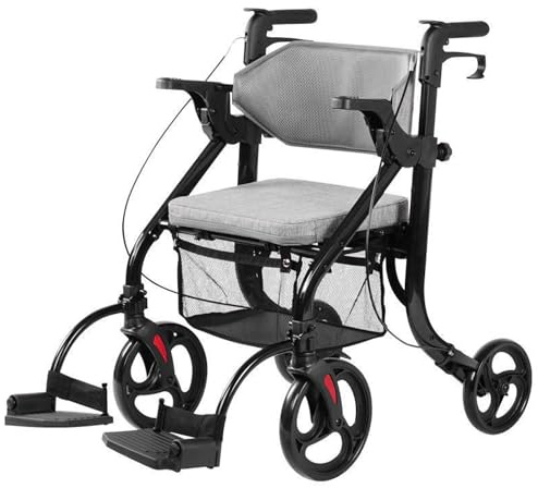 2 in 1 Rollator und Transportrollstuhl für Senioren, zusammenklappbare Mobilitätshilfe mit weicher Rückenlehne, abnehmbare Fußstützen, 100 kg Kapazität