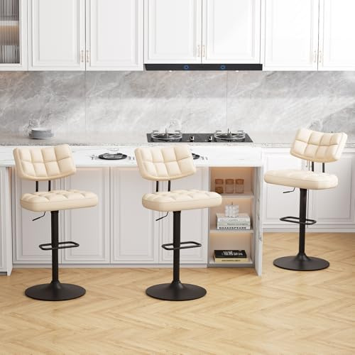 Ckaff Barhocker 3er Set, Barstuhl höhenverstellbar aus PU-Leder, 360°Drehstuhl Küchenstuhl mit Rückenlehne und Fußstütze für Küche, Wohnzimmer, Esszimmer, Beige