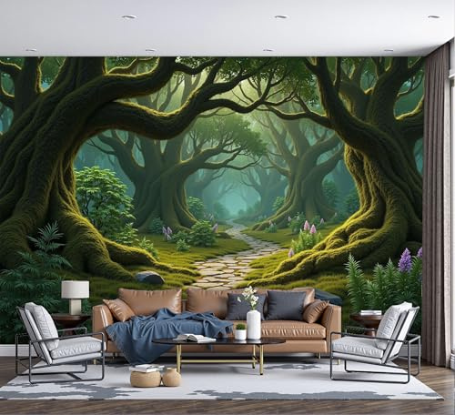 DACRWEKZ 3D Panoramic Wallpaper Mural, Wall Poster The Jungle Book Print Design Photo Effect,Dark Green Stone Path Trees Decoration for Bedroom Living Room Corridor