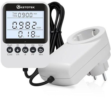 KETOTEK Energiekostenmessgerät mit separatem Display, Stromzähler für Steckdose LCD Display mit Kabel, Strommessgerät Überlastsicherung 3680W