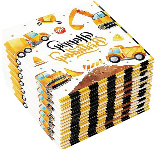 Servietten Bagger,40 Stück Baustellen Servietten,Geburtstag Deko Servietten Baustelle,Baustelle Servietten für Geburtstag,Bagger Geburtstag Deko 2 Jahre,Junge Ingenieurfahrzeuge Geburtstag Thema Party