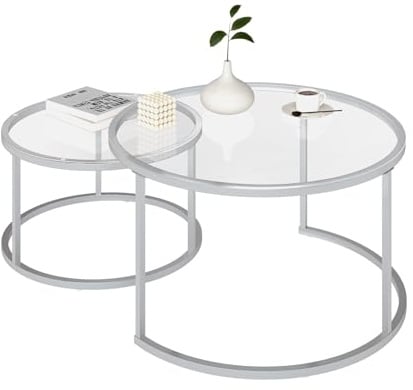 Ginhow 2er Set Couchtisch Rund Glas Silber Wohnzimmertisch Rund 80x80 Glastisch Wohnzimmer, Couchtisch Modern Coffee Table Set 80 + 60 cm mit Silber Metalltischbeinen