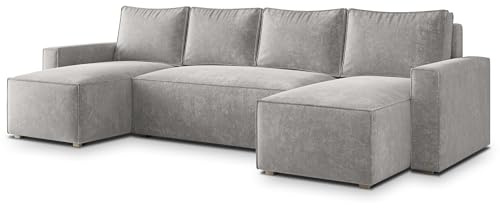 Masseno Ecksofa ASPRA LM mit Schlaffunktion U-Form, Klassisch Sofa mit Bettkasten, Wohnzimmersofa, Couch, Soffa, Bettsofa, Couchgarnitur - Hellgrau, LUMO 65