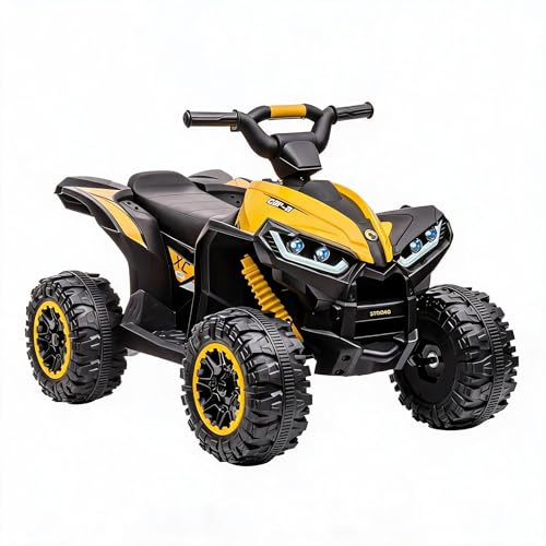 12V Kids Electric Ride-on Quad Bike ATV Battery Powered Remote Control 2 Speeds Wireless Audio Music Treaded Tires Gentle Start Toy Vehicle for 3-8 Years Boys Girls Yellow