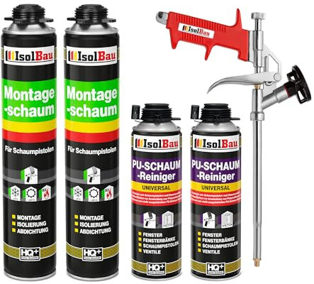 Isolbau Bauschaum-Set - Inkl. 2 x 1K Montageschaum B2 Pistolenschaum mit hervorragender Schall und Wärmedämmung (je 750 ml), 2 x PU-Schaum-Reiniger (500 ml) & 1 x Schaumpistole, Dämmen