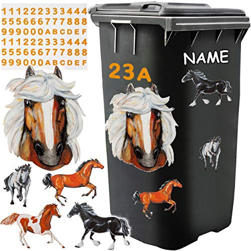 alles-meine.de GmbH Aufkleber für Mülltonne - Pferde - inkl. Name - 5 TLG. Set - incl. Zahlen/Hausnummer - Nummern Mülltonnenaufkleber/Mülltonnensticker - Sticker - Wette..