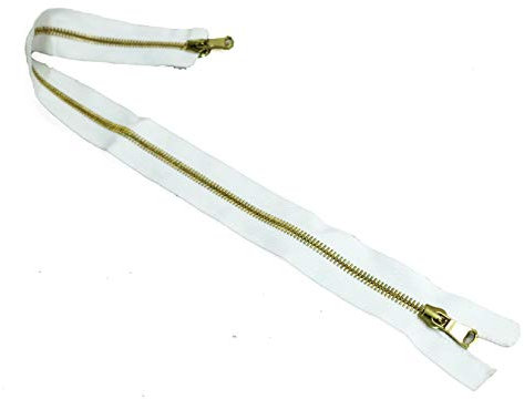 N. 1 Cerniera lampo in metallo Divisibile in n. 10 lunghezze a scelta larghezza 8 mm Fettuccia in poliestere n. 2 colori a scelta: bianco, nocciola catena oro lucido (Bianco, 72 cm)