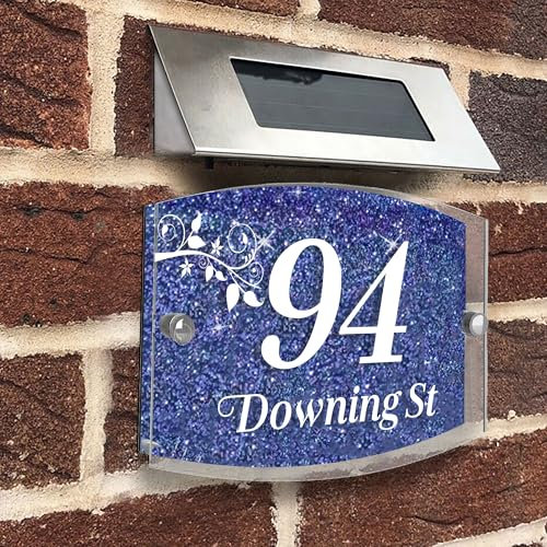 Modern House Sign Plaque Door Number | Personalised Glass Effect Acrylic Glitter Sign | Personalised House Number Hand Finished in UK (Blue, Design B)