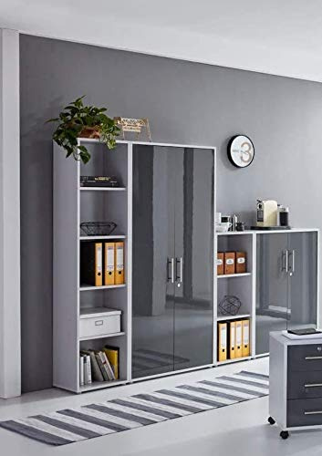 abschliessbarer Aktenschrank Büroschrank Schrankwand Büromöbel Regal Office Edition in Lichtgrau/Anthrazit Hochglanz (Set 4)