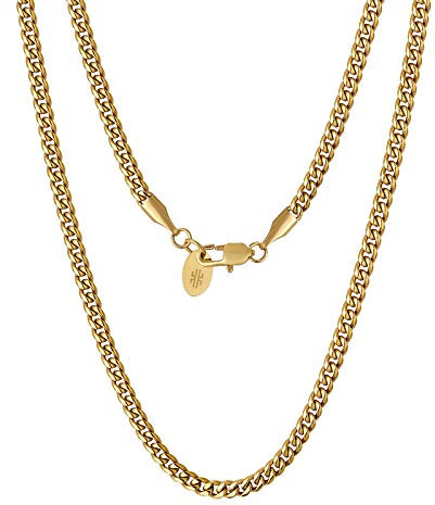 KRKC&CO 3mm Edelstahl Cuban Link Chain 18K Gold beschichtet Kubanische Gliederkette Edelstahl Panzerkette Herren Gold Goldkette Herren Gold Cuban Chain Hip Hip Halskette Rapper Kette Länge 45,7cm