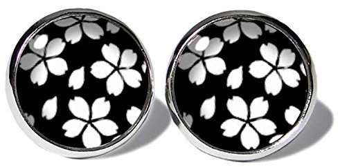 Sakura Weiss-Schwarz Ohrstecker ABOUKI Damen Mädchen Kind Kinder Edelstahl Ohrschmuck Motiv japanische Kirsch-Blüten Blumen handgefertigte Ohrringe silber-farben