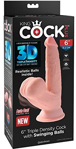 King Cock 6 Triple Density Cock With Swinging Balls, Light, 19,5 cm | Dreifache Dichte mit festem Kern und weicher Haut. Inklusive beweglicher Basis, Saugfuß und Harness-Kompatibilität.