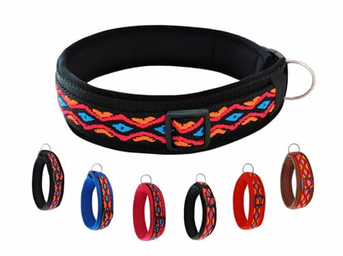 BUDDYPACK | Schickes Hundehalsband Extra-Breit mit Neopren-Polster | Alle Größen | Verstellbar | Bunt: Schwarz-Orange-Rot-Blau (L (50-55 cm))
