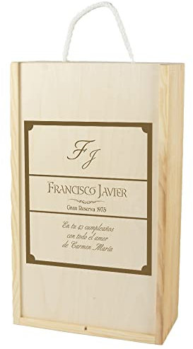 Caja de Madera para dos Botellas de Vino grabada con Iniciales, Nombre y Apellido, año y dedicatoria