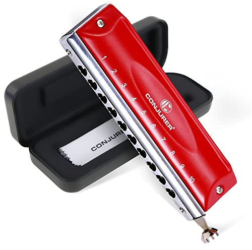 CONJURER 10 Hole 40 Tone Valveless Chromatic Harmonica C Key Red