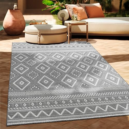 Paco Home Outdoor Teppich Flachgewebe Modern Boho-Style wetterfest & UV-beständig Ideal für Terrasse Balkon Wohnzimmer & Küche, Grösse:60x100 cm, Farbe:Grau 2