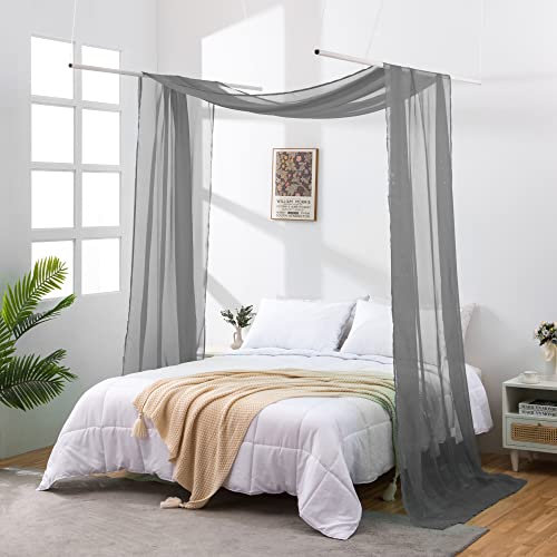 JADE POKE Betthimmel-Vorhänge, 54,6 cm lang, grau, durchscheinend, Betthimmel für Kinder und Erwachsene, Baldachin, Bettvorhänge zum Aufhängen an der Decke, Fenstervolant, breit, 132 cm (Queen, Grau)