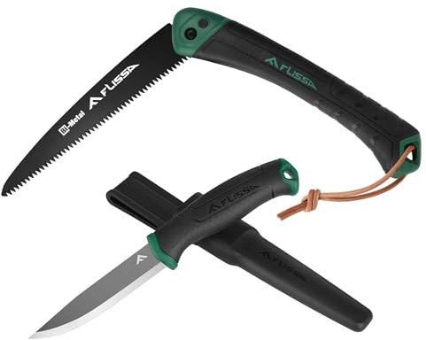 FLISSA Scie Pliante et Couteau avec Gaine, Scie à Elaguer Scie à Main Couteau de Poche Multifonction pour Extérieur, Camping, Jardinage, Couper Bois