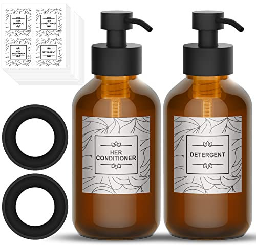 Glas Seifenspender Set, ASOFTY 500ML Seifenspender Küche mit Edelstahl Pumpe, Shampoo Lotion Duschgel Flaschen zum Befüllen für Dusche mit Etiketten und Silikonbasis (Schwarz/Braunglas)