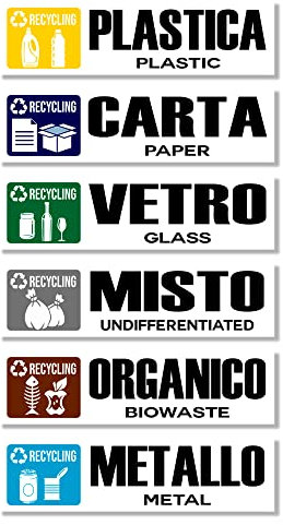 GamesMonkey® - Adesivi Raccolta Differenziata Ricliclo Rifiuti Spazzatura v1 - Impermeabili Lavabili Illustrato - Italiano Inglese - Conformi alla normativa UNI 11686 (15x4, 6 Pezzi)