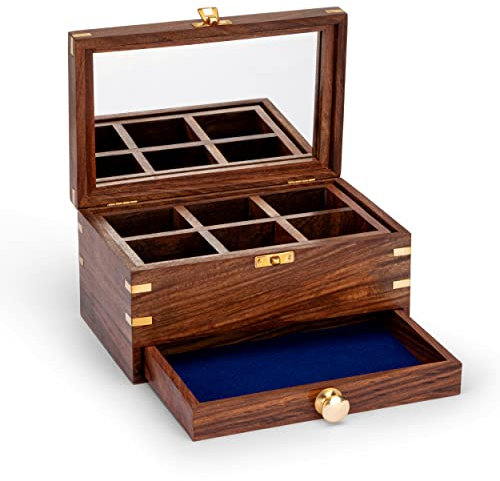 NKlaus Maritim Schmuckschatulle Holz & goldfarbenem Messing 22x11,5x14cm Schmuckkästchen mit Schloss & Spiegel im Deckel elegante Aufbewahrung 11718