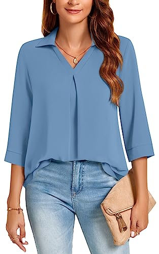 Aodemo Womens Summer Collared V Neck 3/4 Sleeve Shirts Business Casual Pleated Tops Loose Work Dressy Blouses 2XL, Blue