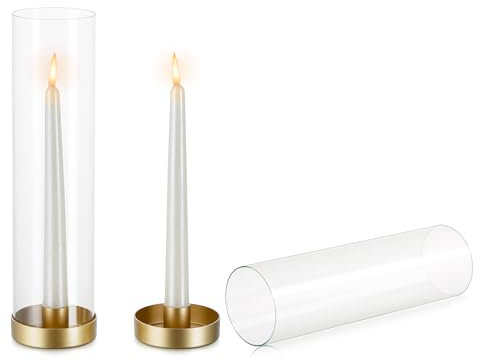 NUPTIO Chandelier Cylindre en Verre doré Métal- 2 pièces Cône Porte-Bougie Pack de Bougies Bougies Verre Clair Ombre Hurricane Dentelle Bougies Moderne Mariage Noël Table Dîner Cheminée