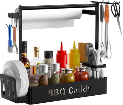 Grill Caddy, BBQ Caddy with Paper Towel Holder for Plate Cutlery, Flatware Caddy Picnic Condiment Caddy with 4 Hooks, Grill Utensil Caddy for Outdoor Grilling Camping, Barbecue Accessories Organizer