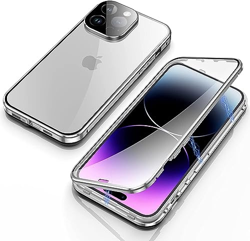 OUBELI Hülle für iPhone 15 Pro Magnetische Adsorption Handyhülle 360 Grad Beidseitig Schutz transparent Handyhülle Vorne hinten Gehärtetes Glas Schutzhülle Metallrahmen Case. silbrig