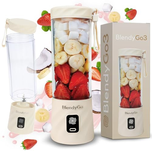 BlendyGo 3 Mixer Smoothie Maker, Smoothie Mixer Klein, Mini Portable Blender, Tragbarer Mixer USB, Smoothie-Maker to go, Standmixer 550 ml, BPA-freie, PulseMotion &BlendPro Technologie (Beige)