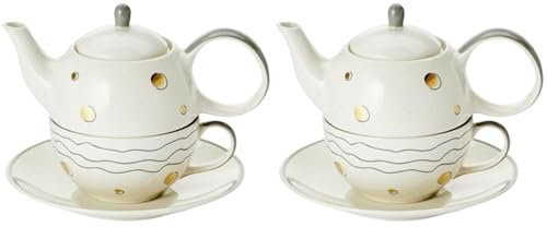 Cha Cult teemando® 2 X Tea-for-one Set Sinje Keramik mit Goldauflage, 4-teilig Kanne: 0,4 l, Tasse: 0,2 l Kanne: H 12 cm, Ø 5,5 cm Tasse: H 6 cm, Ø 10 cm = 2XTea for one