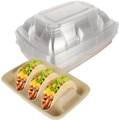 Paquete de 50 soportes desechables para tacos con tapa para fiestas, platos de tacos de papel premium con divisores, soportes de bandeja de tacos de fiesta para 3 tacos, juego de servir tacos martes