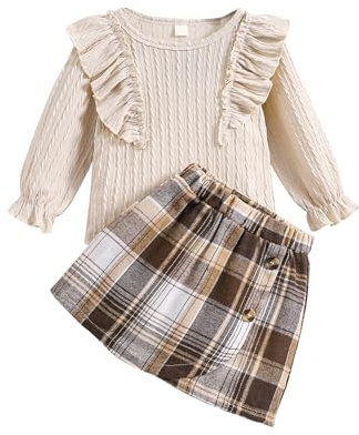 Qiraoxy Baby-Mädchen-Kleidung Langärmeliges Oberteil + A-Linie Plaid Rock Set Kleinkind Mädchen Mode Kleidung 2Pcs Outfits Set 1-2 Jahre