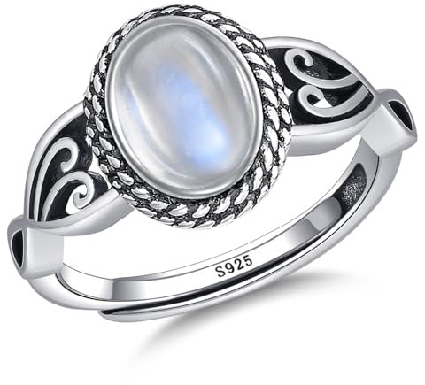 BONLAVIE Mondstein Ring Verstellbar, Ovaler Mondstein Ring 925 Sterling Silber, Vintage Ringe Silber 925 Damen, Verstellbare Ringe für Frauen, Offener Silberring Damen