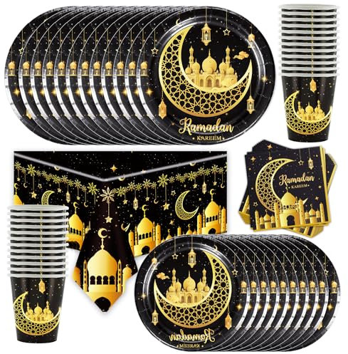 Shamoparty Eid al-Fitr Lot de 73 Accessoires de Fête Sur le Thème du Ramadan Aïd Mubarak, Accessoires de fête sur le thème du Ramadan Assiettes de 22 cm, Tasses, Serviettes, Nappe