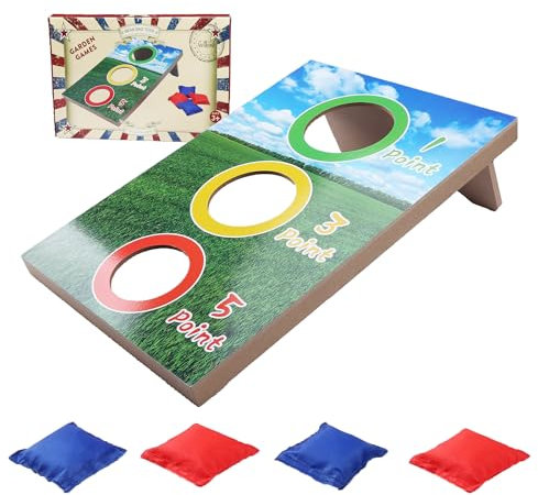 Cornhole Set für Kinder - 3 Löcher hölzernes Bean Bag Toss Spiel Set mit 2 blauen 2 roten Cornhole Säcken - Wurfspiele Jungen & Mädchen Familienabend/Geburtstagsfeier & Urlaubsspielzeug Geschenke