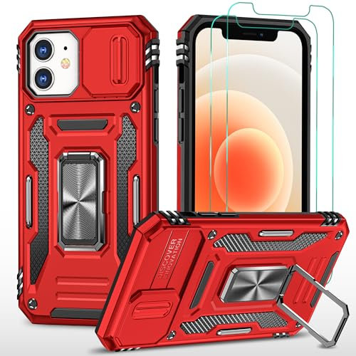 YmhxcY For iPhone 12/12 Pro Case, With [2*Screen Protector Film] 360° Rotate Metal Stand,Sturdy Case[Military Grade] For iPhone 12/12 Pro-Red