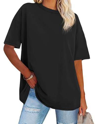 florynova Womens Tops Summer Oversized Tshirt Crewneck Short Sleeve Casual Blouse(Black,XL