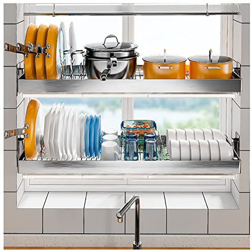 GHBSDNEPP Escurridor de platos sobre el fregadero, escurridor de platos de acero inoxidable de 2 niveles, almacenamiento de suministros de encimera de cocina, para platos, cuencos, ollas/plata-a/95 cm