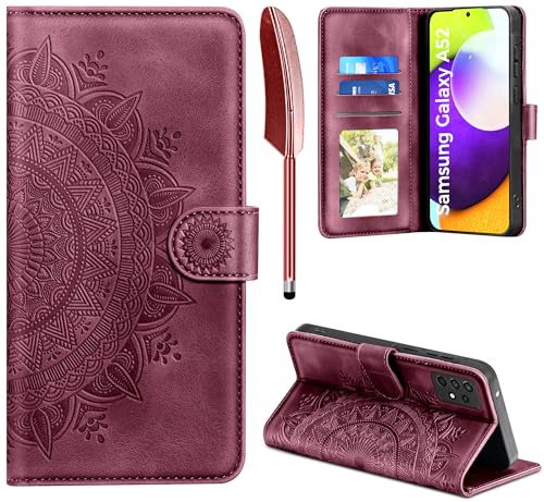 Handyhülle für Samsung Galaxy A52S 5G/A52 4G/5G, Hülle für Galaxy A52S 5G Lederhülle Flip PU Leder Case Kartenfach Magnet Ständer Klapphülle Schutzhülle für Samsung Galaxy A52 /A52S, Weinrot