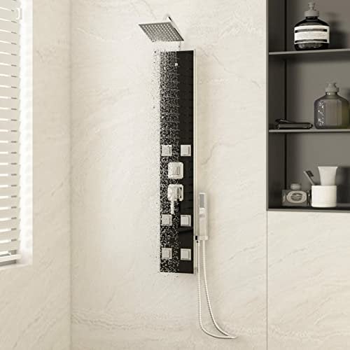 Brokky Pannello Doccia in Vetro 18x45,5x130 cm Nero-Colonna Doccia Idromassaggio con Miscelatore, Pannello Doccia Acciaio Inox Funzioni, Doccia Soffione Colonna per Bagno