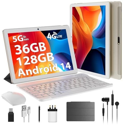 AXETOP 10 Inch Tablet Android 14, 36GB RAM+128GB ROM(TF 1TB), Octa-Core 2.0 GHz, 4G LTE & WiFi 5G/2.4G, Google GMS, Battery 8000mAh, Dual Camera 8MP+5MP, Tablet with Case, Keyboard, Mouse&Pen (Gold)