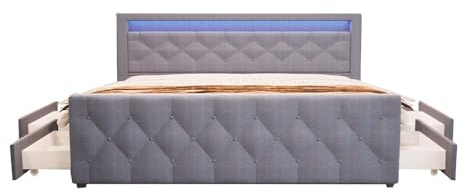 Home Deluxe - Polsterbett VELARA - 180 x 200 cm, Farbe: Dunkelgrau, gepolstertes Kopfteil mit LED Beleuchtung, inkl. 4 Schubladen I Doppelbett Komforbett
