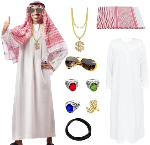 MeYuxg Scheich Kostüm für Herren, Karneval Araber Kostüm mit Kopftuch, Gewand, Finger Ring, Halsketten, Sonnenbrillen, Lustige Kostüme für Karneval, Party, Cosplay - S