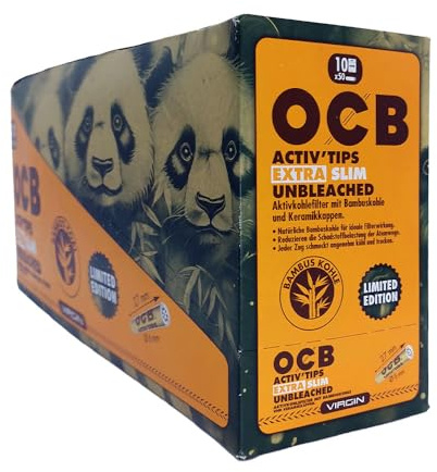 OCB Activ'Tips Extra Slim Unbleached Bamboo, 6 mm, 50 Stück | Limited Edition, wiederverschließbarer Beutel, Aktivkohlefilter mit Bambuskohle, Keramikkappen