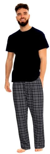 Style It Up Mens Flannel Fleece Short Sleeve Pyjama Set Cotton Rich Pants Plain T-Shirt Comfortable Soft Warm Adults Nightwear Loungewear (BLACK-BLACK, L)