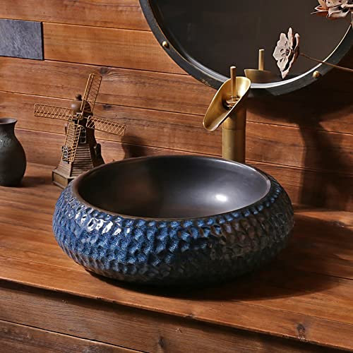 CCYENG Lavabo de Salle de Bain en céramique d'art Rond, lavabo de Style Industriel rétro pour vestiaire Salle de Bain, lavabo à Poser sculpté à la Main 45 * 45 * 15 cm